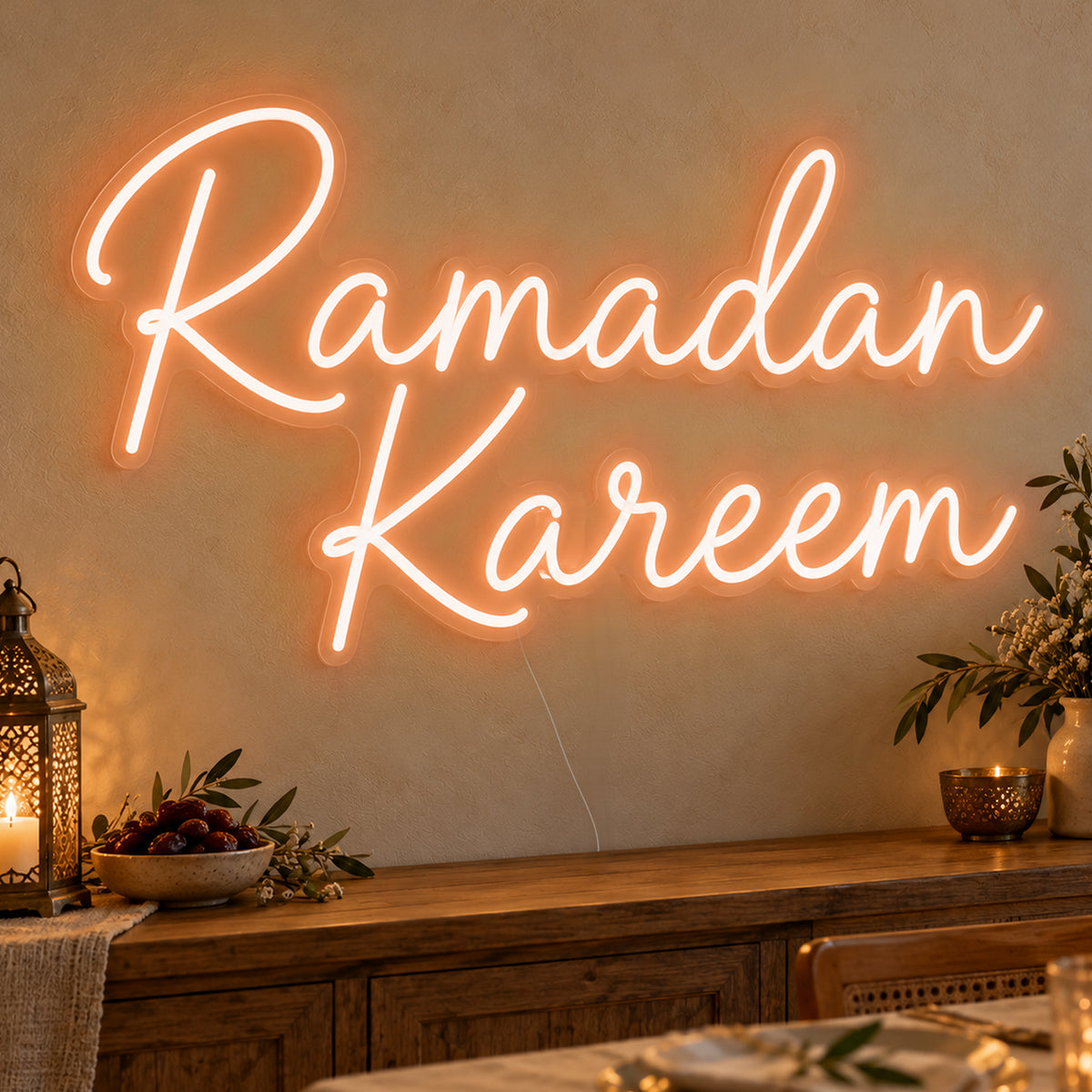 Ramadan Kareem Neon Sign in orange LED neon on clear acrylic, angled view