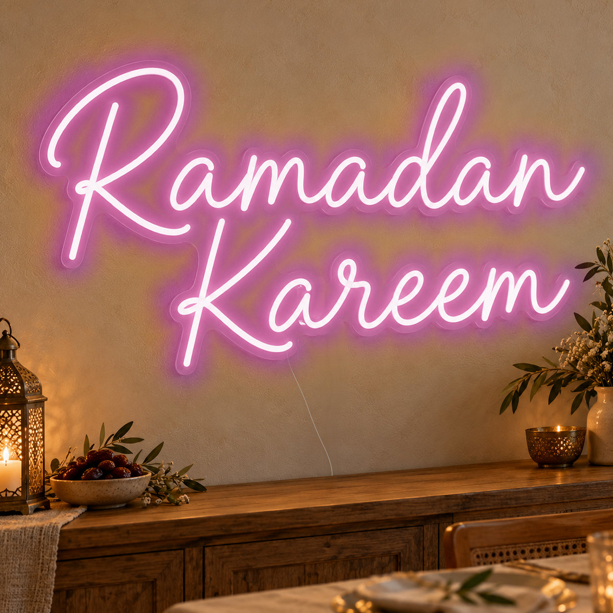 Ramadan Kareem Neon Sign in pink LED neon on clear acrylic, angled view