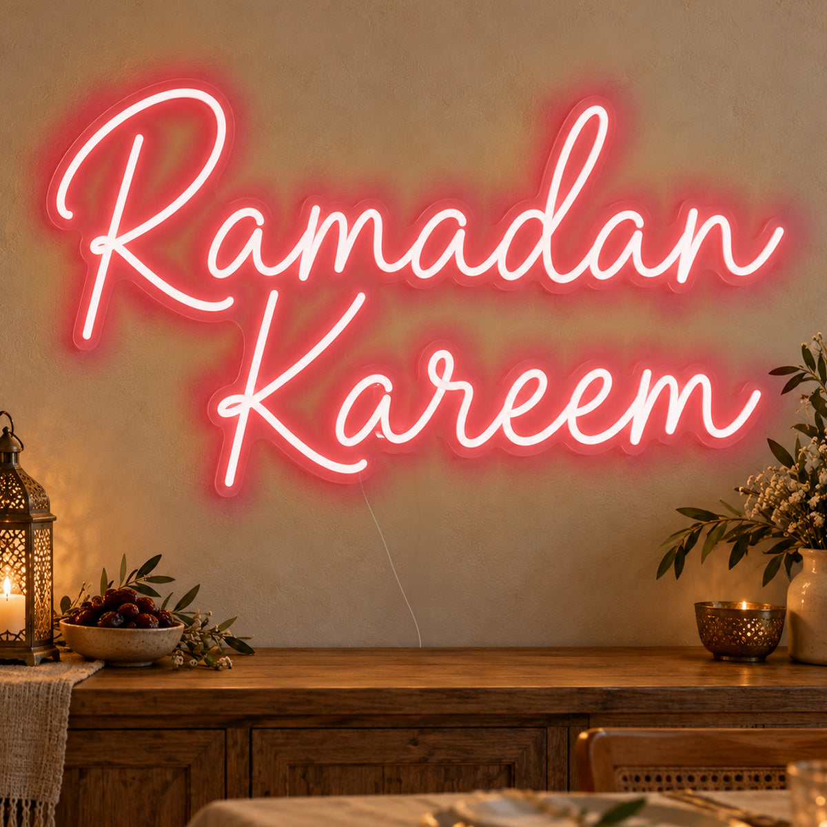 Ramadan Kareem Neon Sign in red LED neon on clear acrylic, angled view