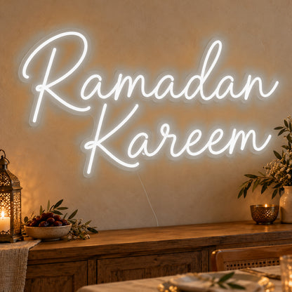 Ramadan Kareem Neon Sign in white LED neon on clear acrylic, angled view