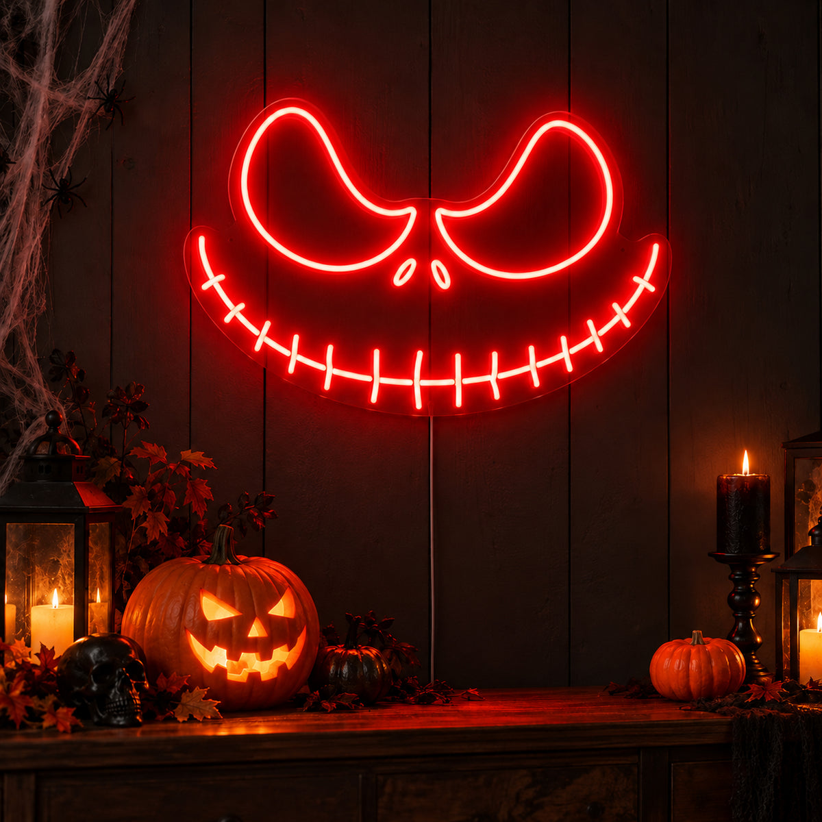 Red Jack Skellington Face Neon Sign featuring Jack Skellington's angled eyes and wide stitched grin in red, glowing on a dark wall in a Halloween room display.
