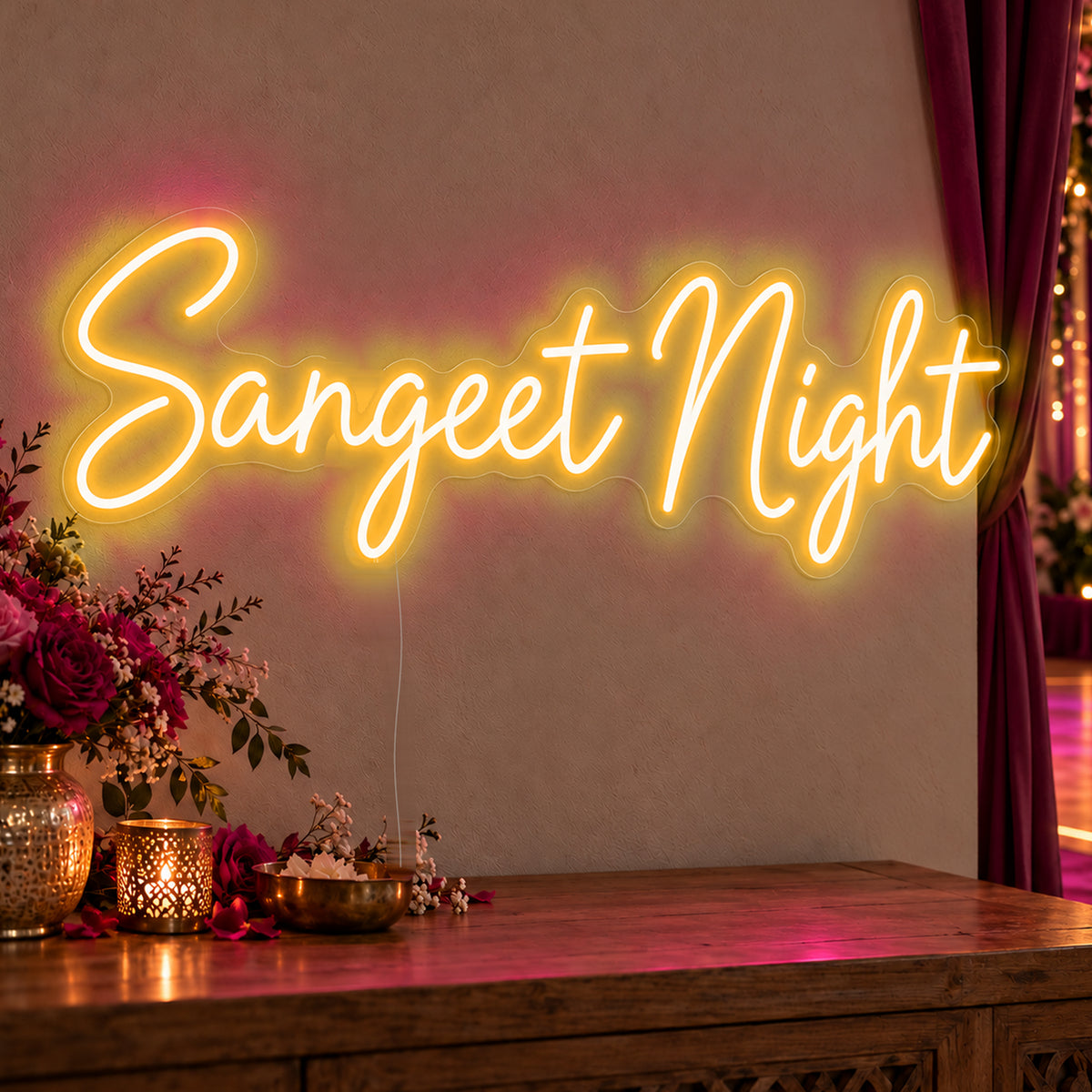 Sangeet Night Neon Sign in gold LED neon on clear acrylic, angled view
