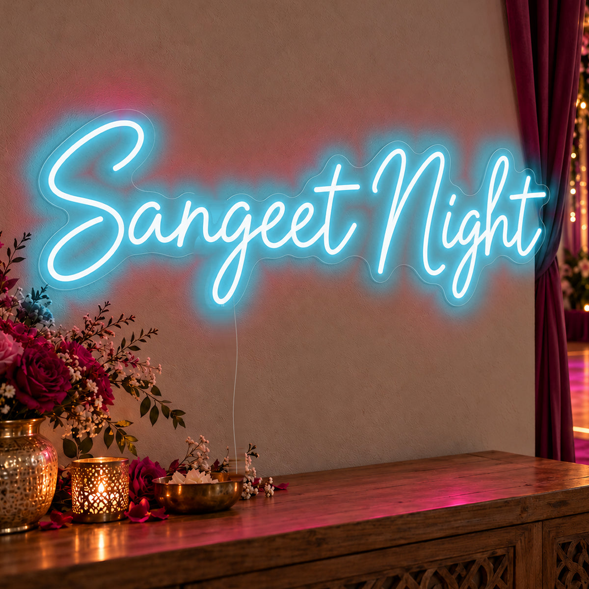 Sangeet Night Neon Sign in ice blue LED neon on clear acrylic, angled view
