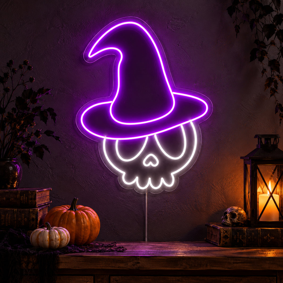Skull with Witch Hat Neon Sign featuring a white skull wearing a tall purple witch hat, glowing on a dark wall in a Halloween room display.