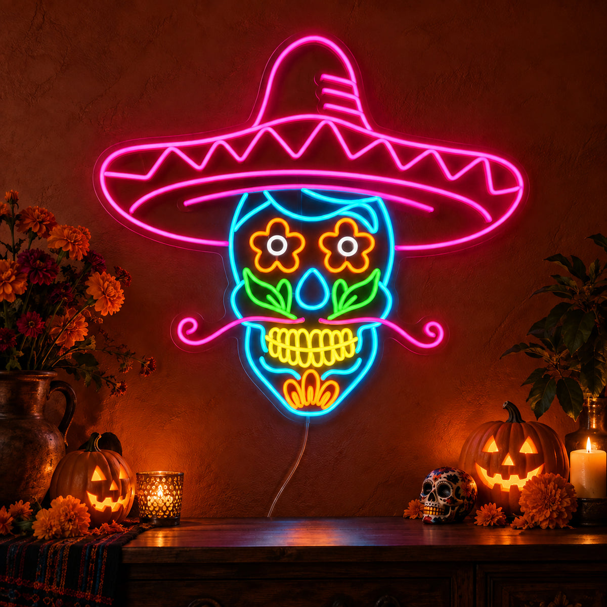 Sombrero Sugar Skull Neon Sign featuring a colourful sugar skull beneath a large pink sombrero, with floral eyes and a curled moustache, glowing on a dark wall in a Halloween room display.