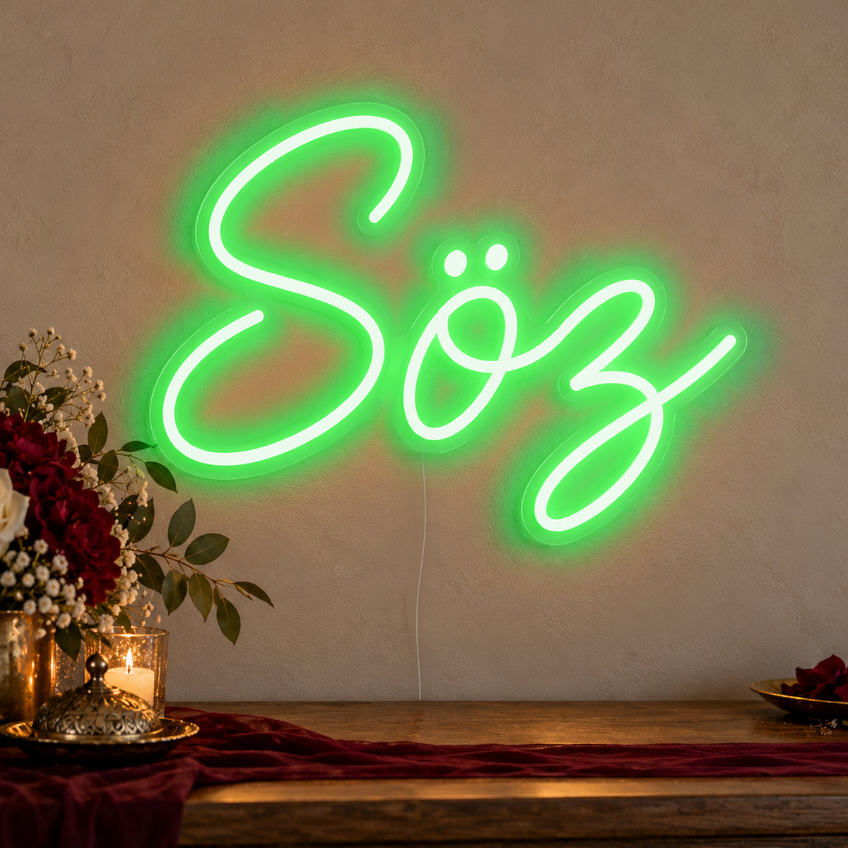Söz Neon Sign in green LED neon on clear acrylic, angled view