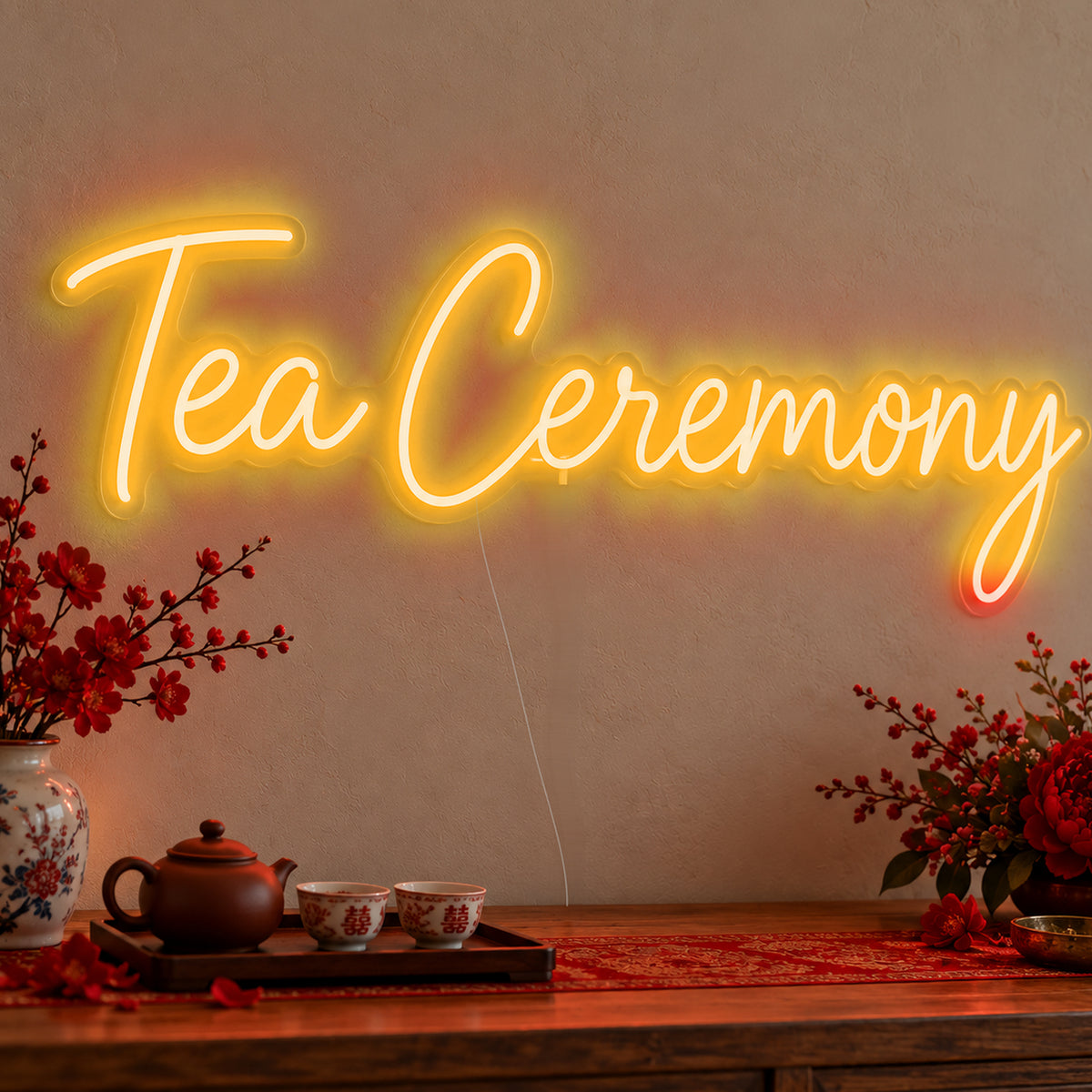 Tea Ceremony Neon Sign in gold LED neon on clear acrylic, angled view