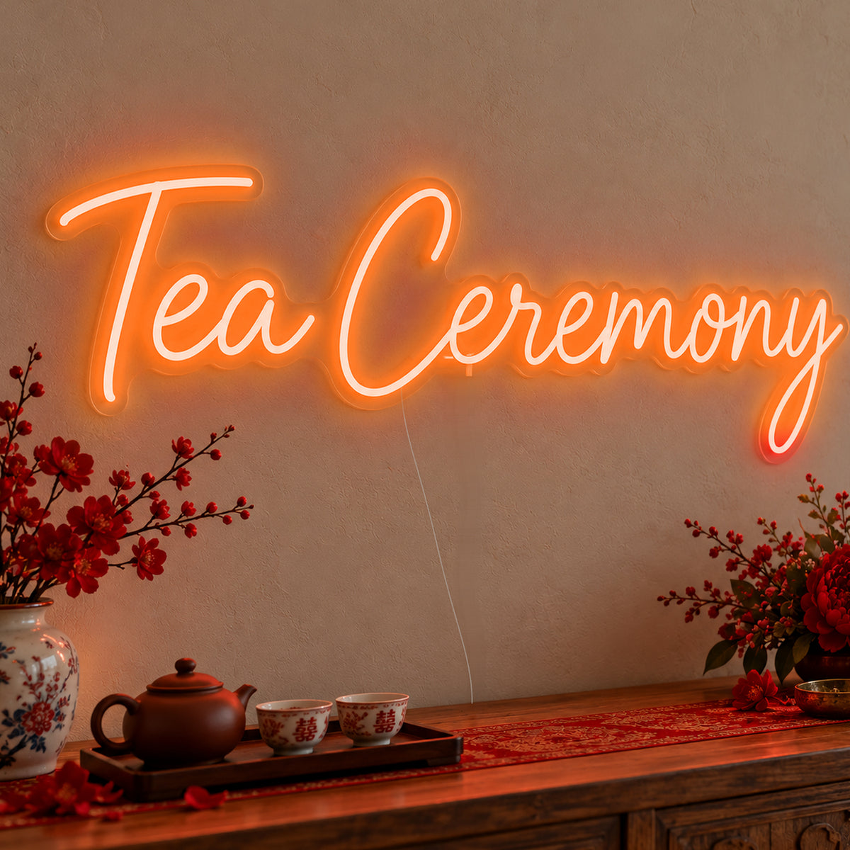 Tea Ceremony Neon Sign in orange LED neon on clear acrylic, angled view