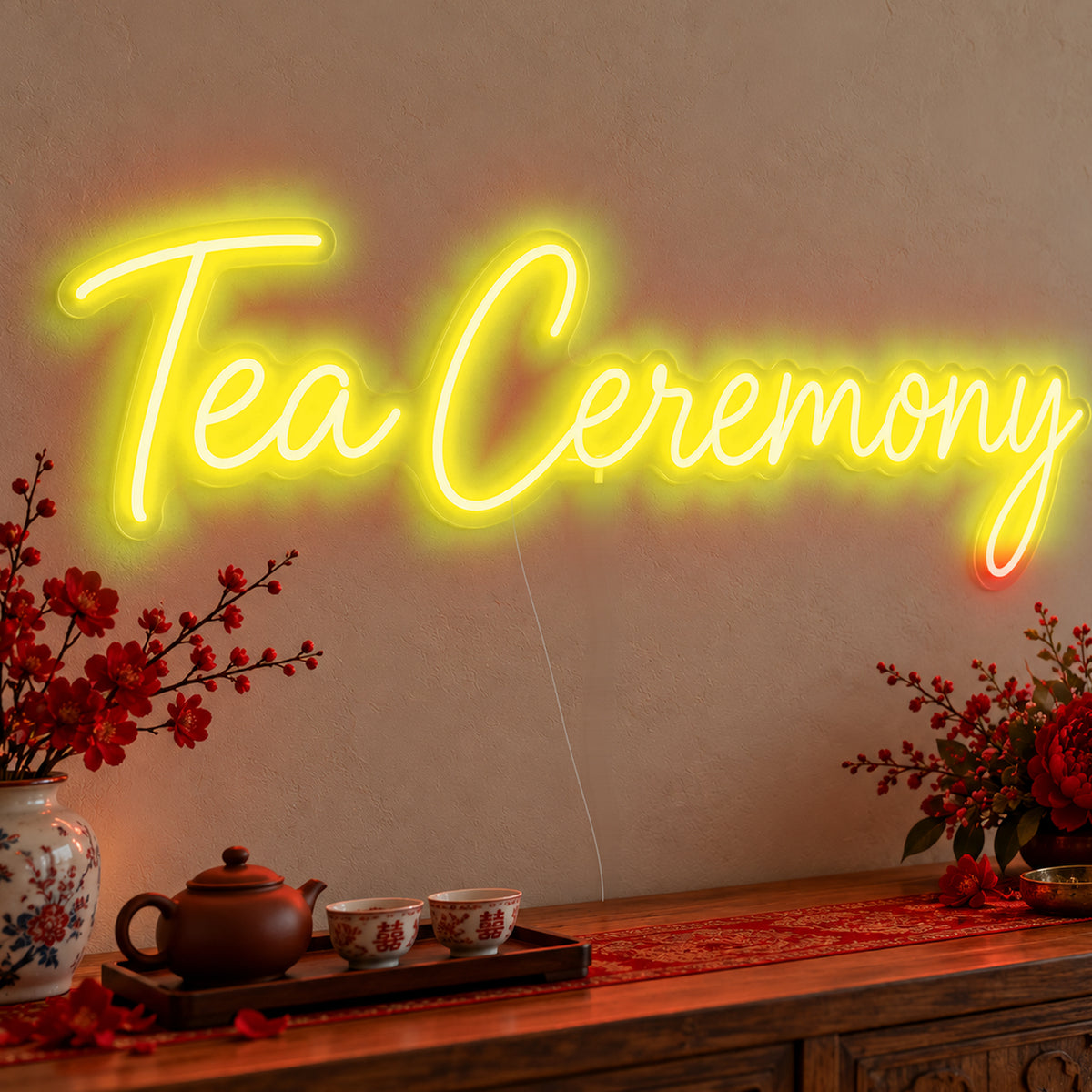 Tea Ceremony Neon Sign in yellow LED neon on clear acrylic, angled view