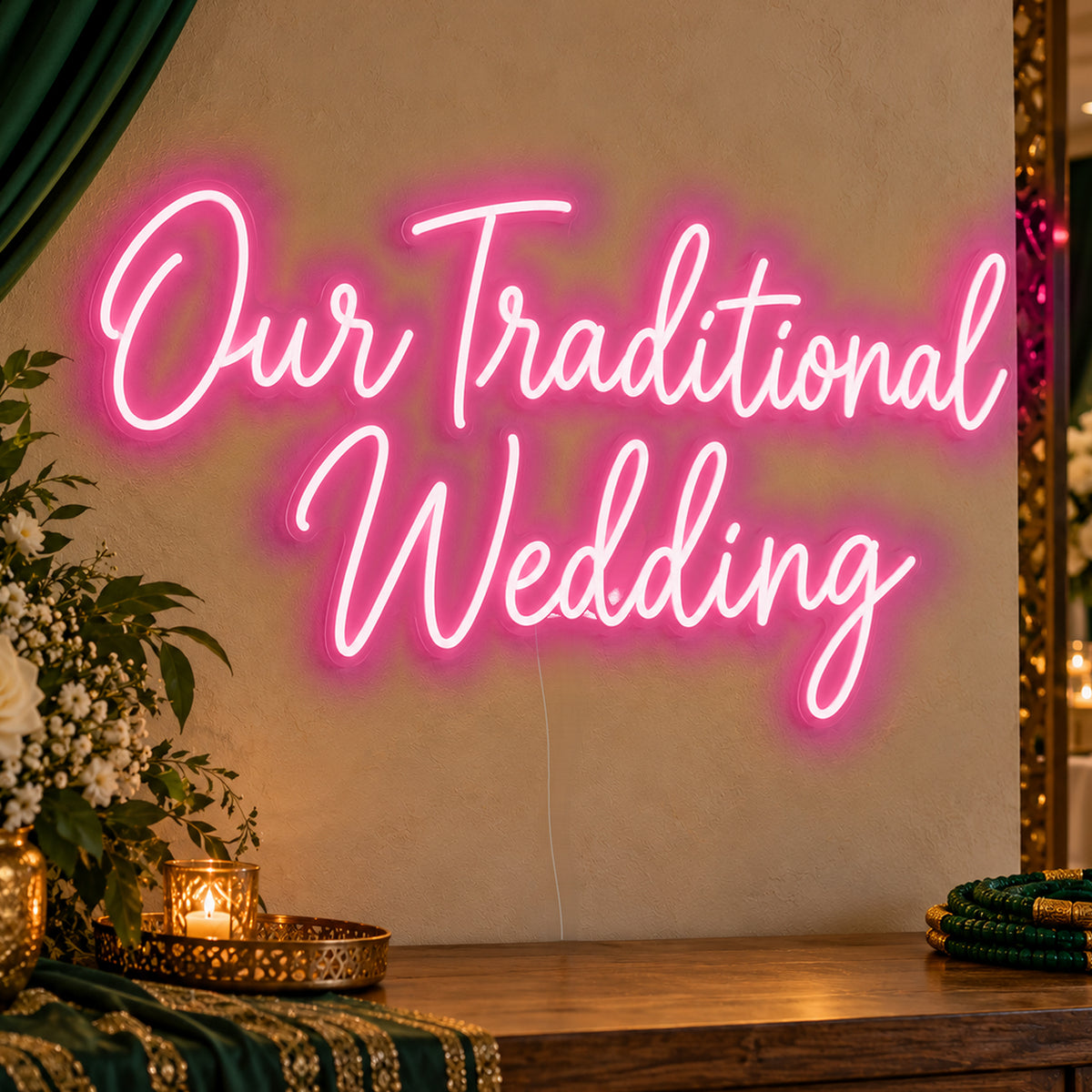 Traditional Wedding Neon Sign in rose red LED neon on clear acrylic, angled view