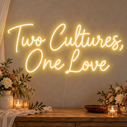 Two Cultures One Love Neon Sign in gold LED neon on clear acrylic, angled view