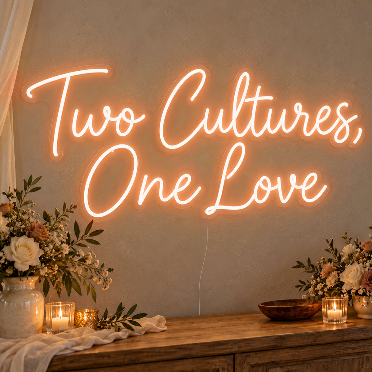 Two Cultures One Love Neon Sign in orange LED neon on clear acrylic, angled view