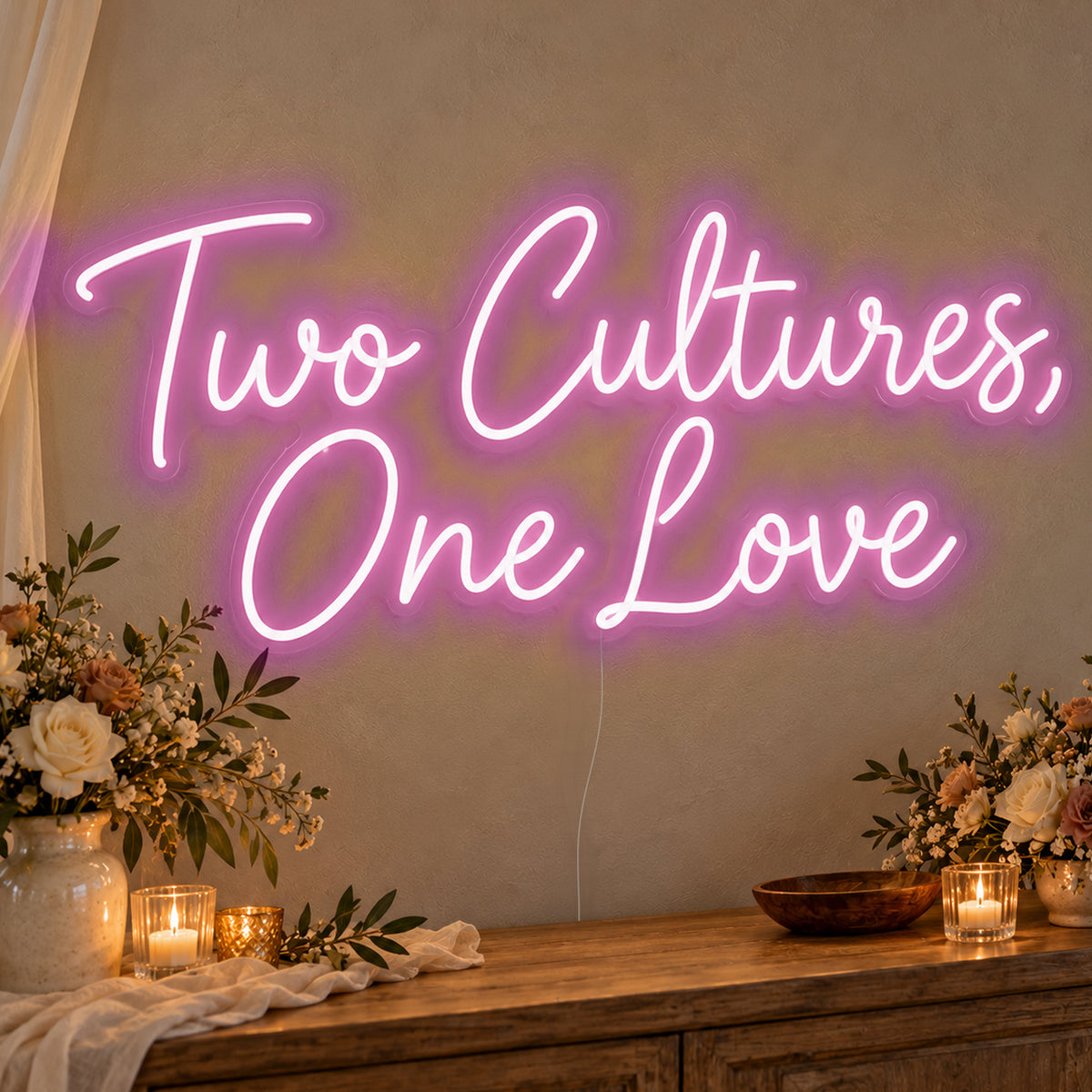 Two Cultures One Love Neon Sign in pink LED neon on clear acrylic, angled view