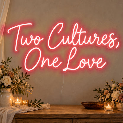 Two Cultures One Love Neon Sign in red LED neon on clear acrylic, angled view