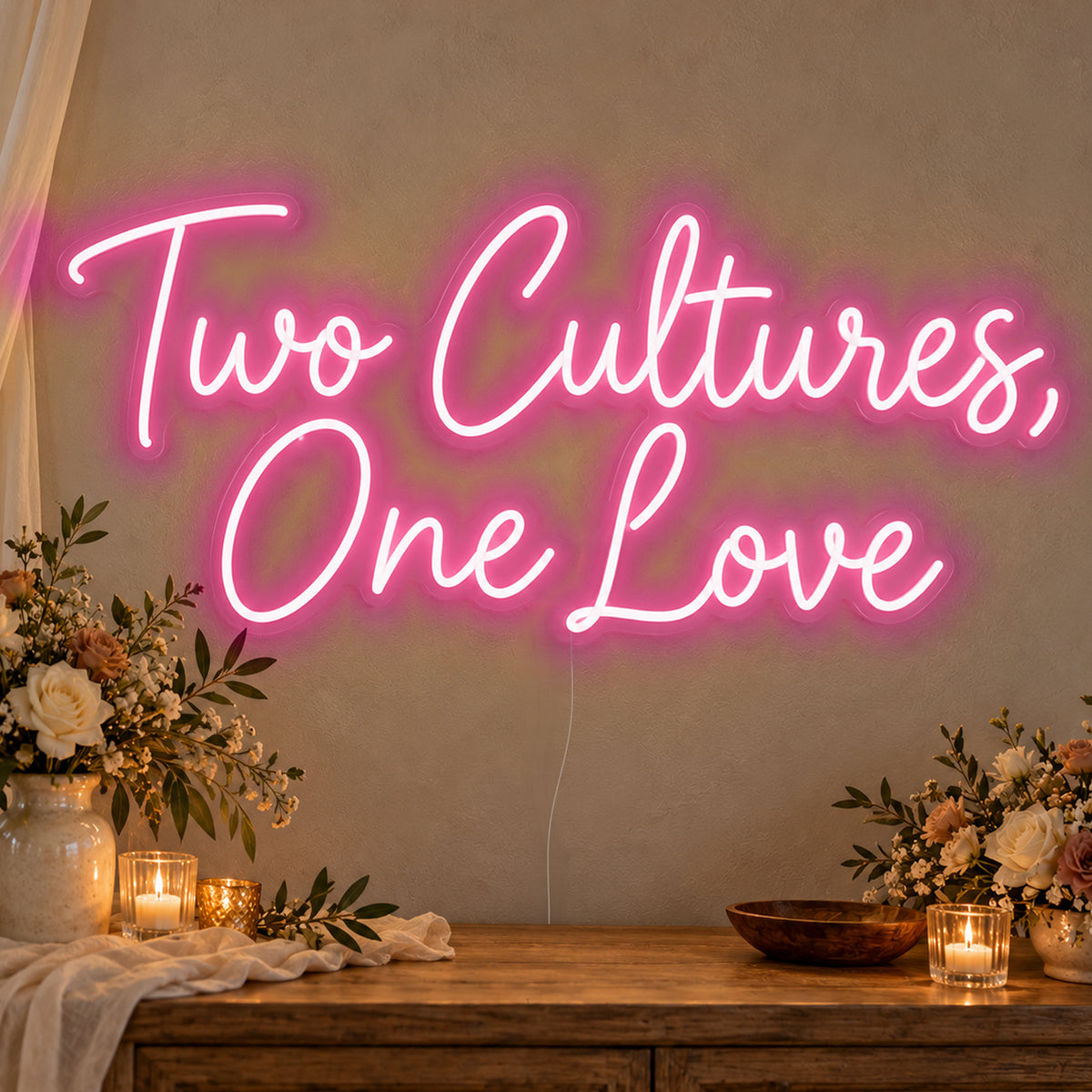 Two Cultures One Love Neon Sign in rose red LED neon on clear acrylic, angled view