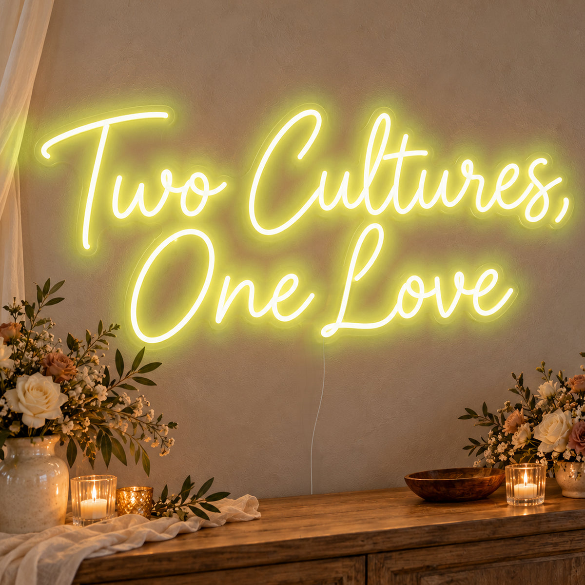 Two Cultures One Love Neon Sign in yellow LED neon on clear acrylic, angled view