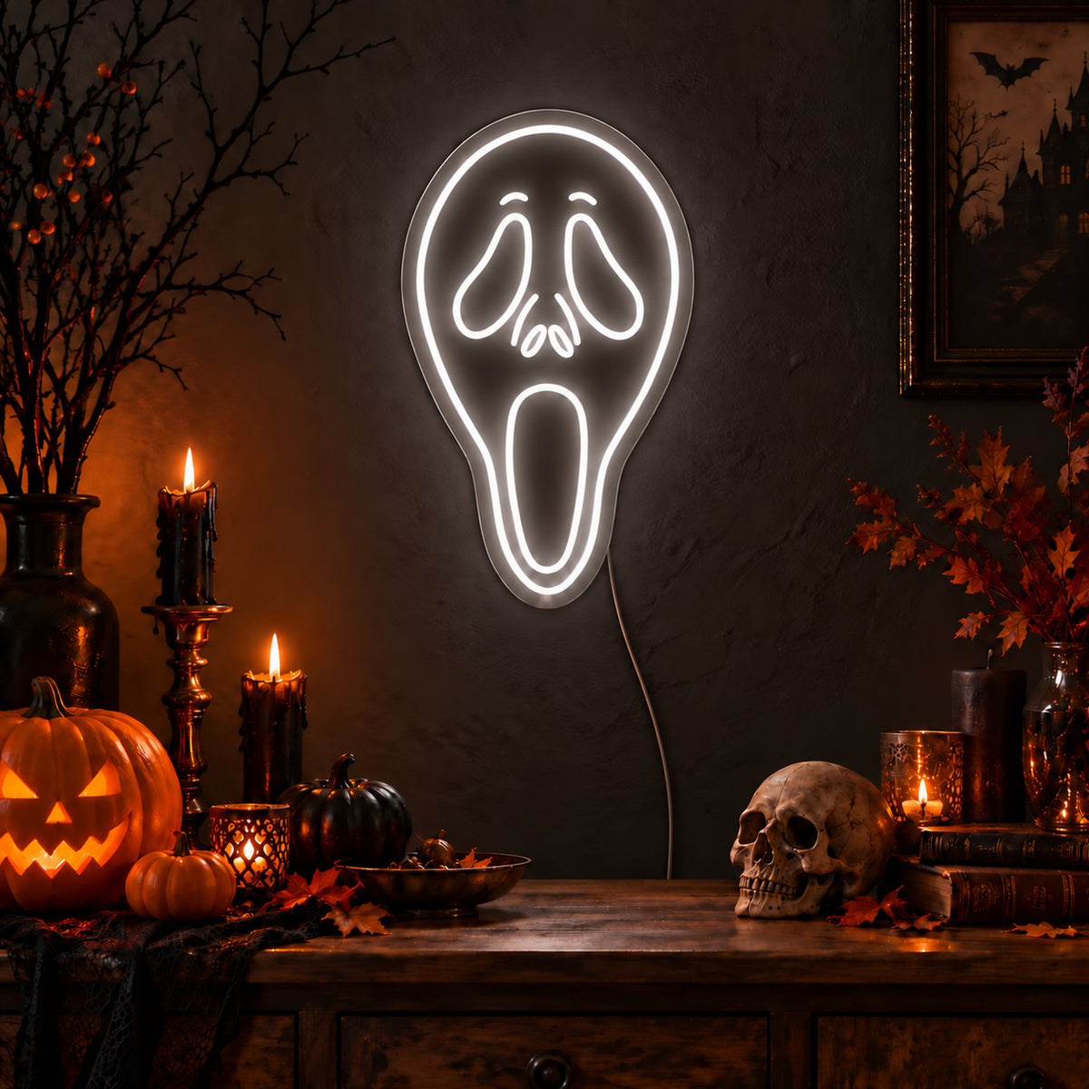 White Ghostface Neon Sign featuring the elongated Ghostface mask outlined in white, with drooping eyes and an open mouth, glowing on a dark wall in a Halloween room display.