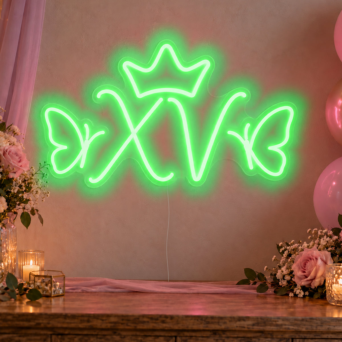 Xv Crown Butterflies Neon Sign in green LED neon on clear acrylic, angled view