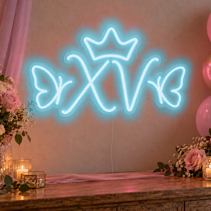Xv Crown Butterflies Neon Sign in ice blue LED neon on clear acrylic, angled view