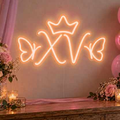 Xv Crown Butterflies Neon Sign in orange LED neon on clear acrylic, angled view