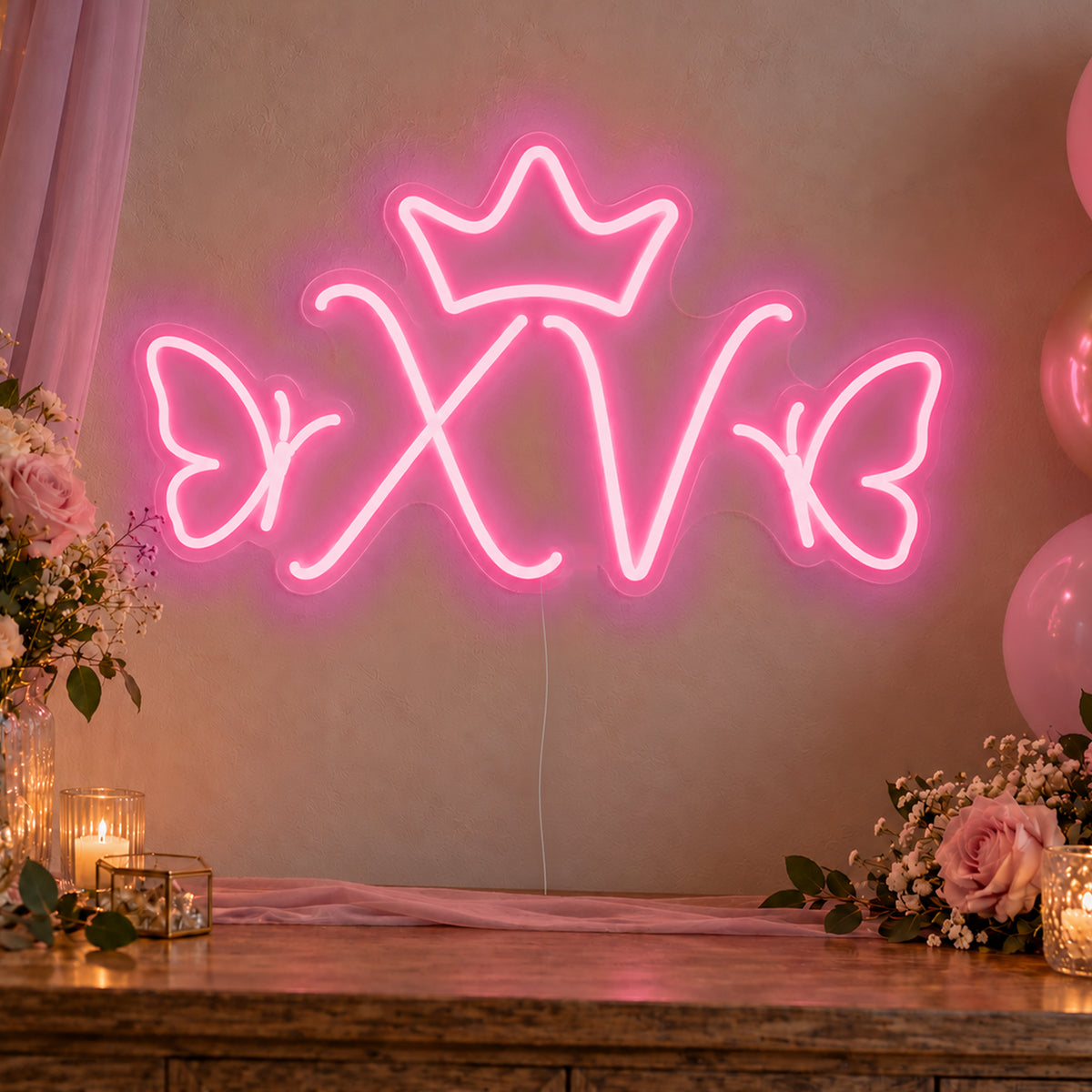 Xv Crown Butterflies Neon Sign in rose red LED neon on clear acrylic, angled view