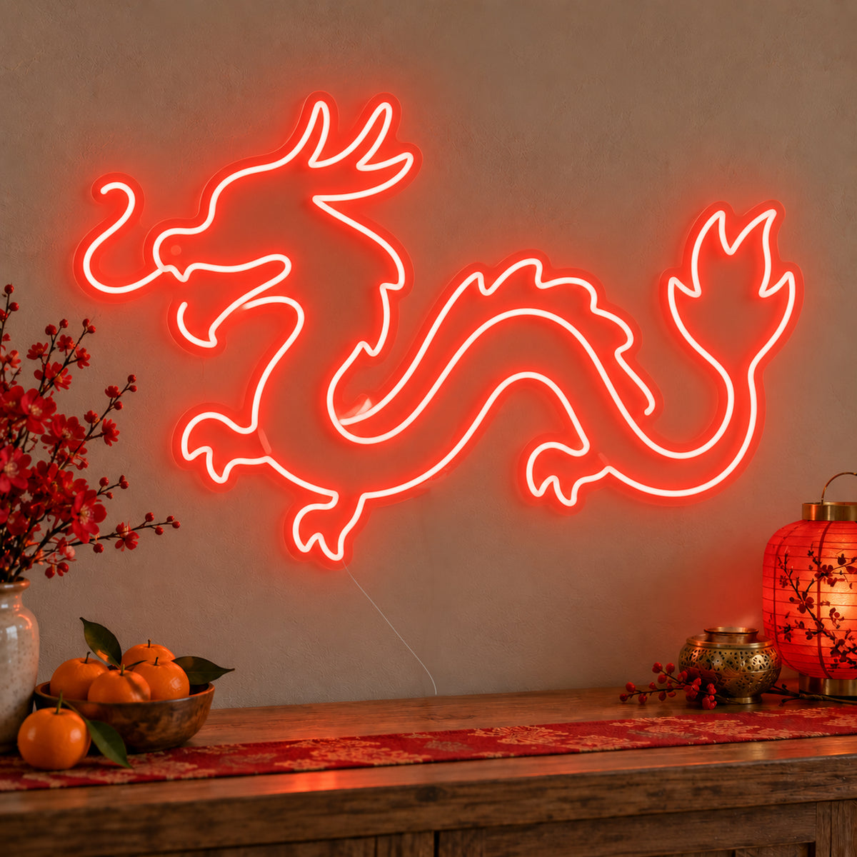 Zodiac Dragon Neon Sign on clear cut-to-shape acrylic, illuminated on a wall in a styled celebration setting